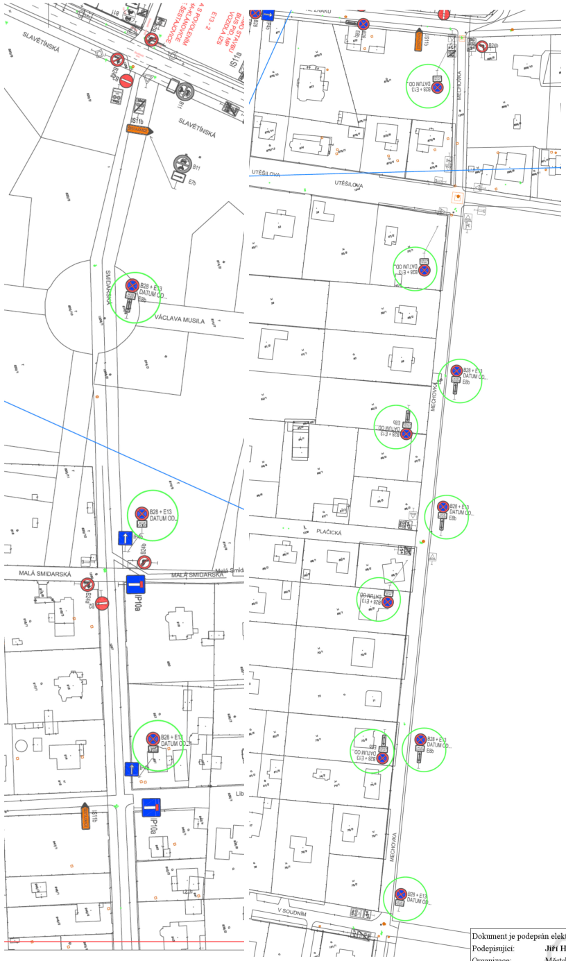 Koordinační situační výkres dopravního značení v ulicích v oblasti Klánovic.