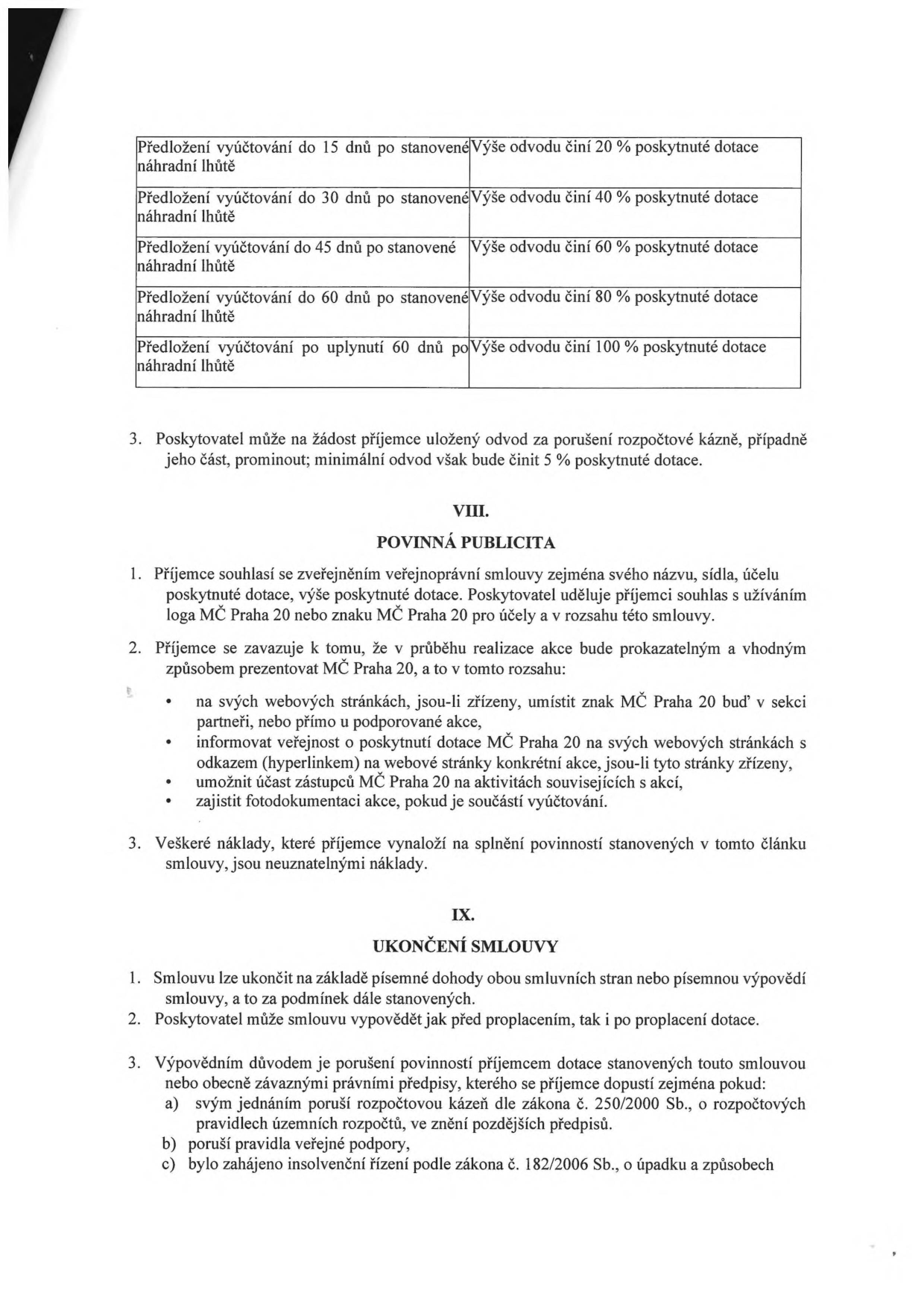 Tabulka sankcí za pozdní předložení vyúčtování dotace: do 15 dnů 20 %, do 30 dnů 40 %, do 45 dnů 60 %, do 60 dnů 80 %, po 60 dnech 100 %. Bod 3: Poskytovatel může na žádost příjemce prominout odvod za porušení rozpočtové kázně, minimálně však 5 %. Článek VIII. Povinná publicita: Příjemce se zavazuje prezentovat MČ Praha 20 na svých webových stránkách, informovat o dotaci, umožnit účast zástupců MČ Praha 20 a zajistit fotodokumentaci. Náklady na publicitu jsou neuznatelné. Článek IX. Ukončení smlouvy: Smlouvu lze ukončit dohodou nebo výpovědí. Poskytovatel může vypovědět smlouvu před i po proplacení dotace, zejména při porušení rozpočtové kázně (zákon č. 250/2000 Sb.), porušení pravidel veřejné podpory nebo zahájení insolvenčního řízení (zákon č. 182/2006 Sb.).