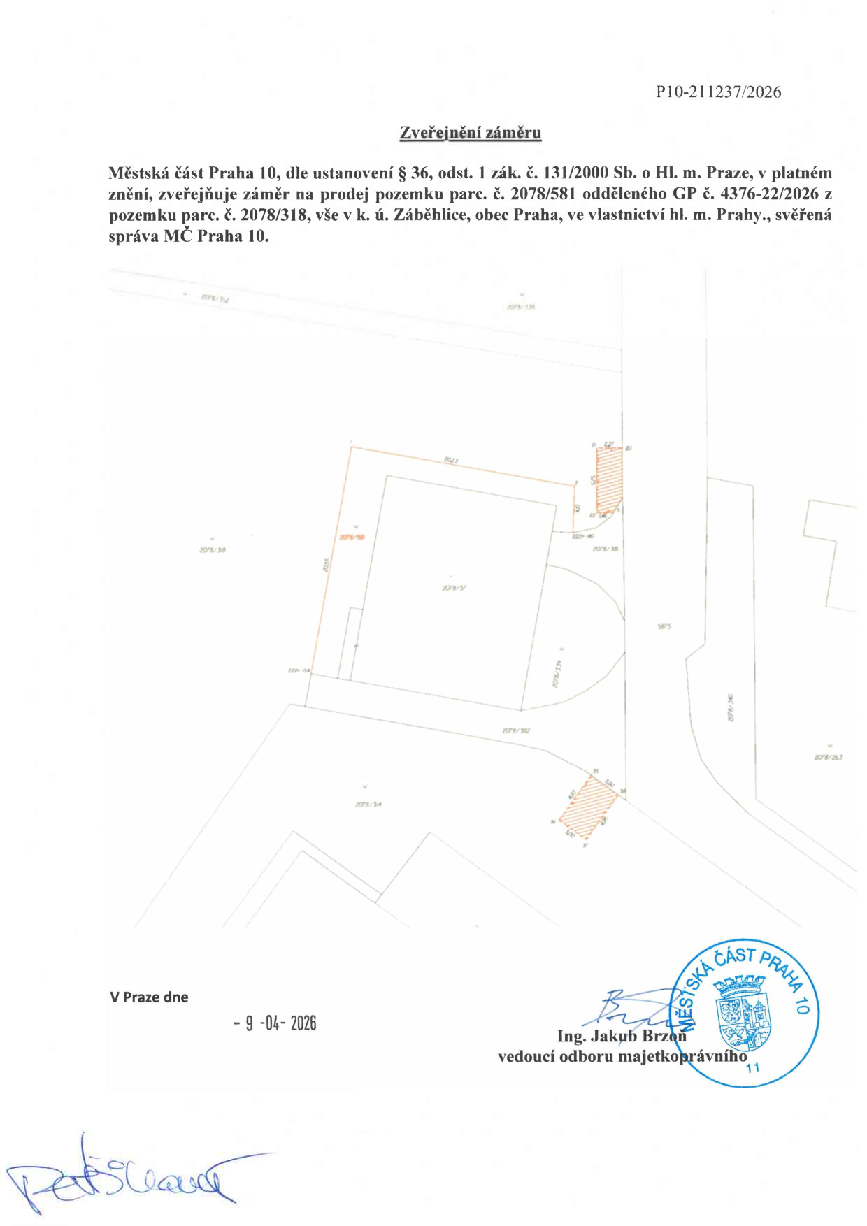 Situační nákres (výřez z katastrální mapy) znázorňující pozemek určený k prodeji v k.ú. Záběhlice.