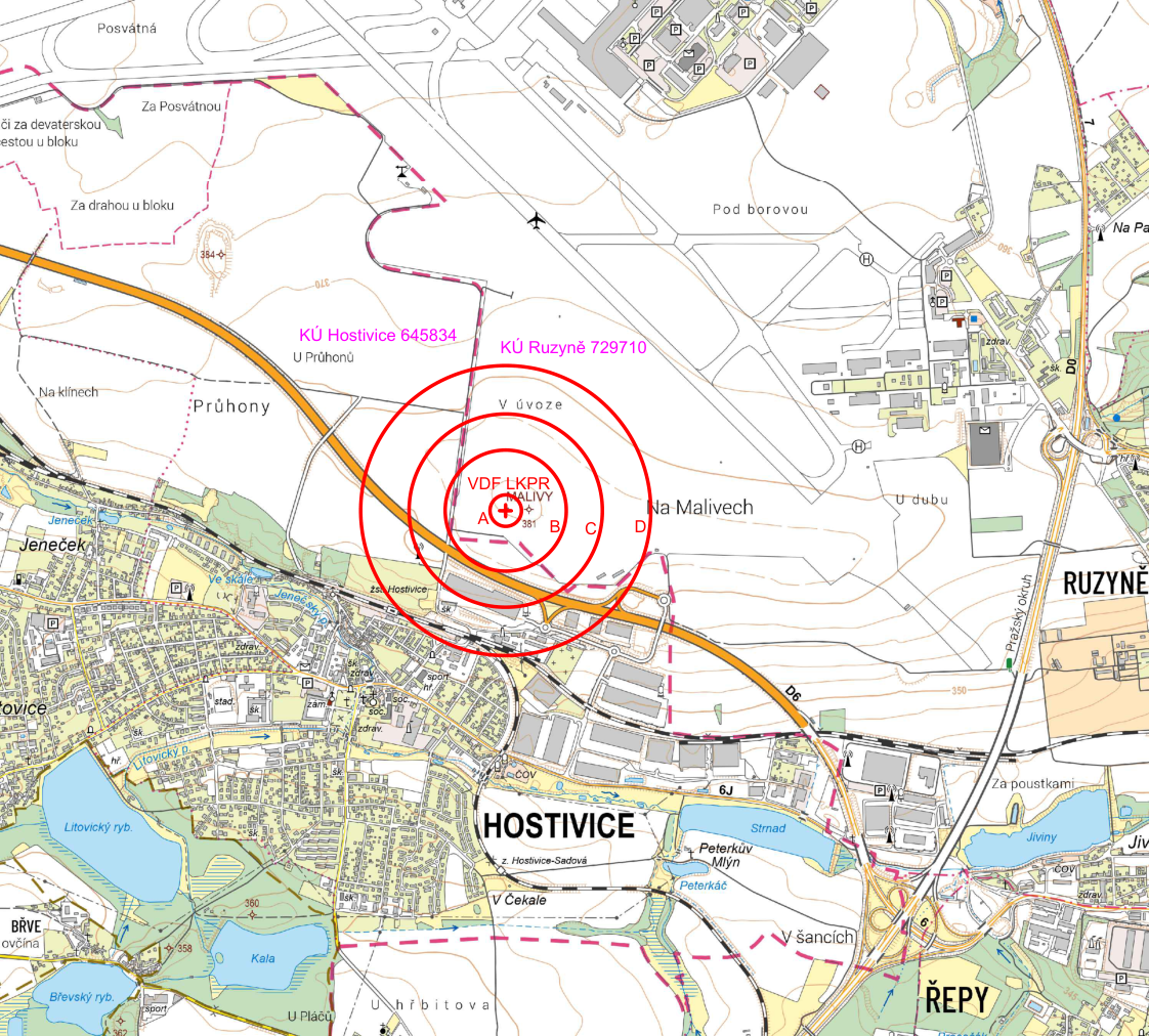 Situační mapa území v okolí Hostivice a Ruzyně. Mapa obsahuje: vyznačené katastrální území 'KÚ Hostivice 645834' a 'KÚ Ruzyně 729710', vyznačený bod 'VDF LKPR MALIVY' s nadmořskou výškou 381 m a soustřednými kruhy označenými A, B, C, D. Dále jsou v mapě zobrazeny lokality: Posvátná, Za drahov u bloku, Pod borovou, Na klínech, Průhony, V úvoze, Na Malivech, U dubu, Jeneček, Hostivice, Řepy, V Čekale, V šancích, Za poustkami. Jsou zde zakresleny vodní plochy (Litovický rybník, Břevský rybník, Kala), dálnice D6, Pražský okruh, železniční trať a další místní komunikace a zástavba.