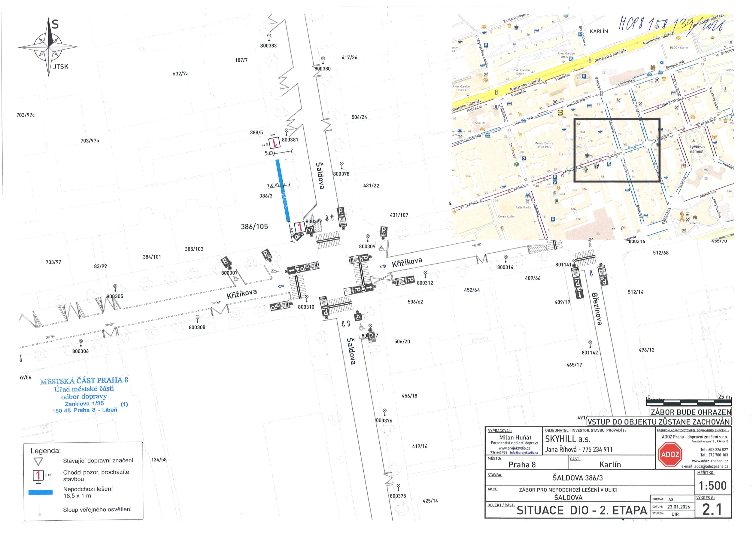 Situační nákres dopravního značení (DIO) pro zábor veřejného prostranství v ulici Šaldova v Praze 8.