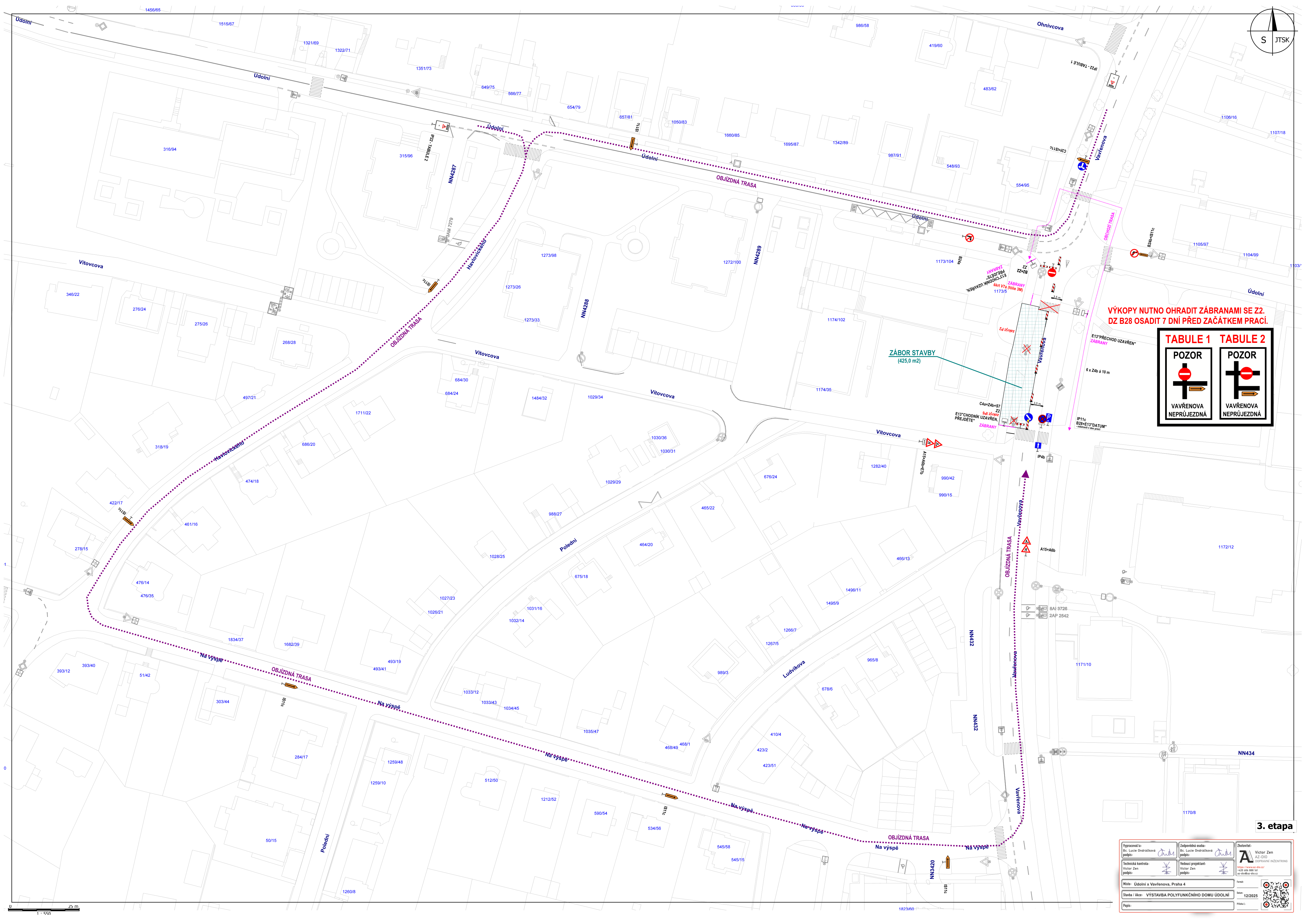 Situační nákres dopravního značení a objízdné trasy v rámci stavebního záboru v ulici Vavřenova.