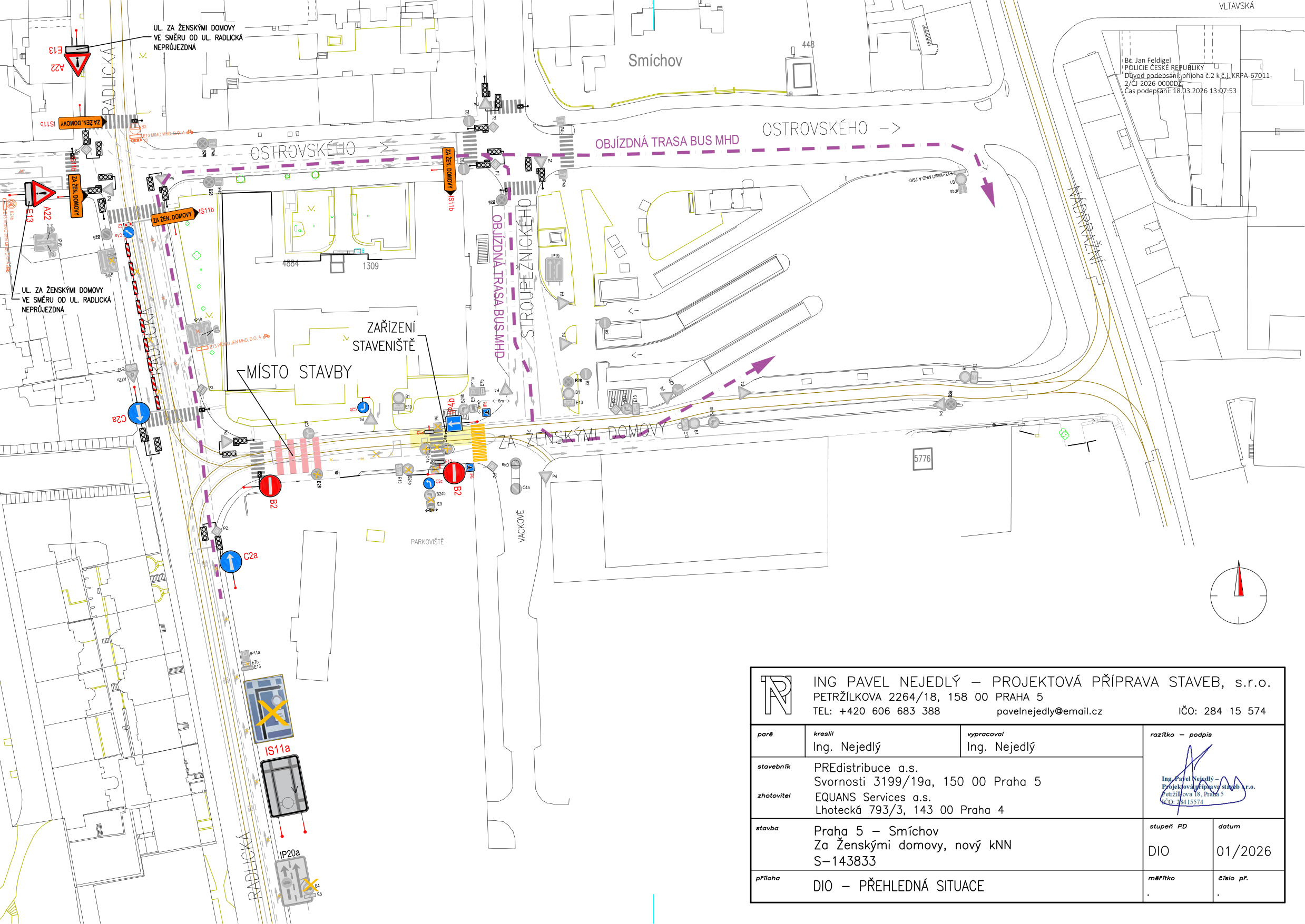 Situační nákres dopravního značení a objízdné trasy v rámci stavebního projektu v Praze 5 - Smíchov.