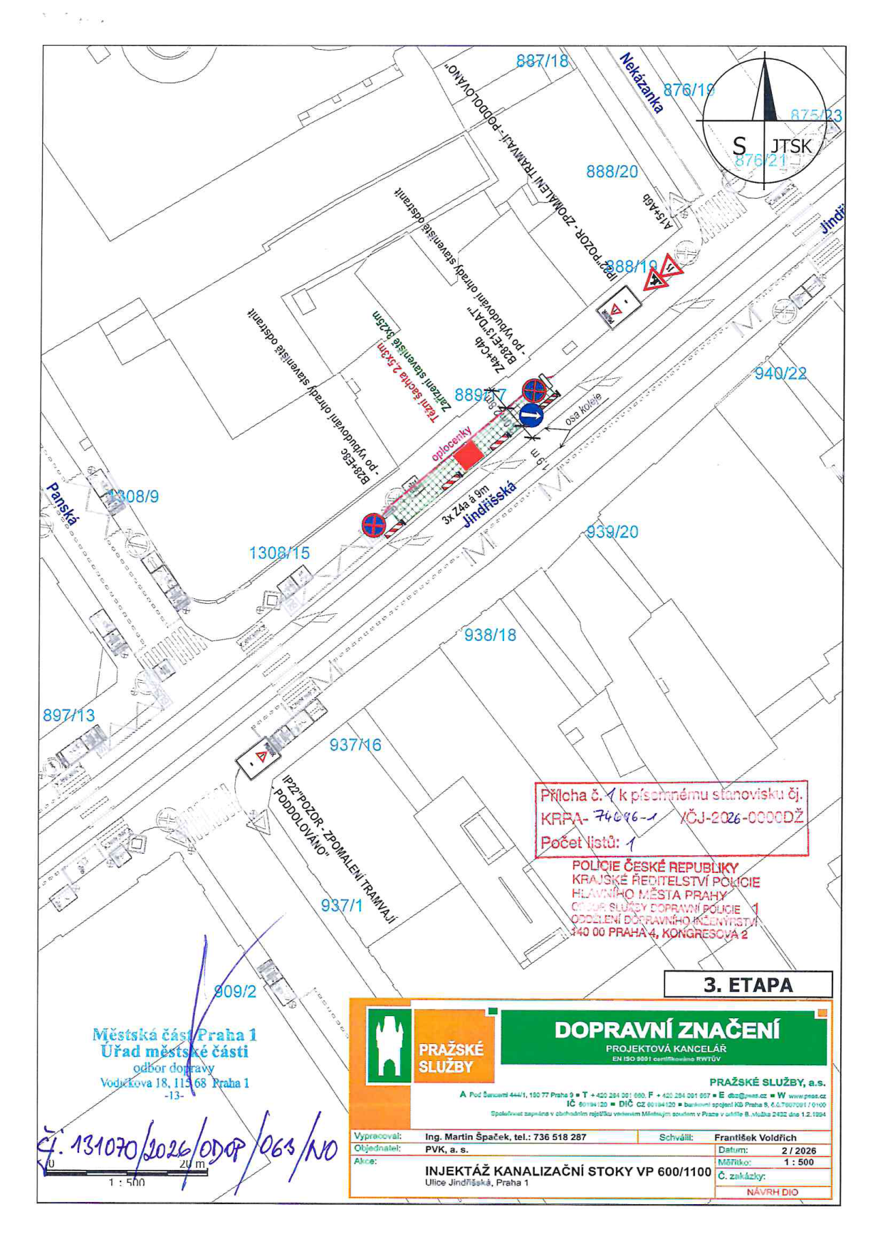 Dopravně inženýrské opatření (situační nákres) pro provádění prací v ulici Jindřišská.