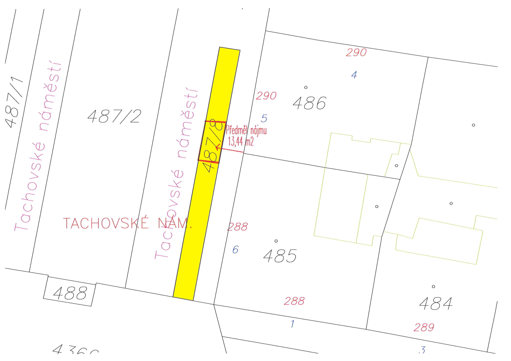 Výřez z katastrální mapy zobrazující parcelu č. 487/8 (zvýrazněna žlutě) a její okolí (parcely 487/1, 487/2, 488, 485, 486, 290, 289, 484). V mapě je vyznačen předmět nájmu o výměře 13,44 m2. V lokalitě se nachází Tachovské náměstí.