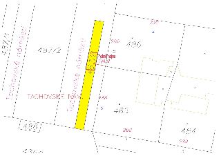 Výřez z katastrální mapy zobrazující parcelu č. 487/8 (zvýrazněna žlutě) a její okolí (parcely 487/1, 487/2, 488, 485, 486, 290, 289, 484). V mapě je vyznačen…