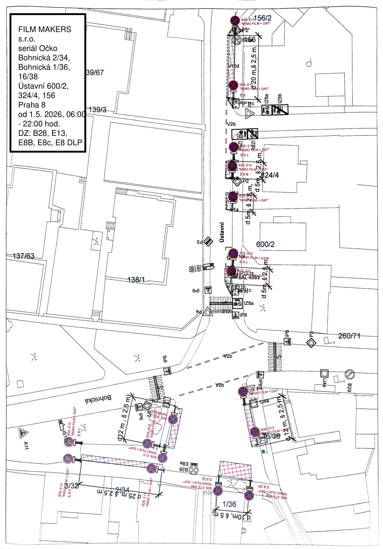 Situační nákres dopravního značení pro filmové natáčení v ulicích Bohnická a Ústavní.
