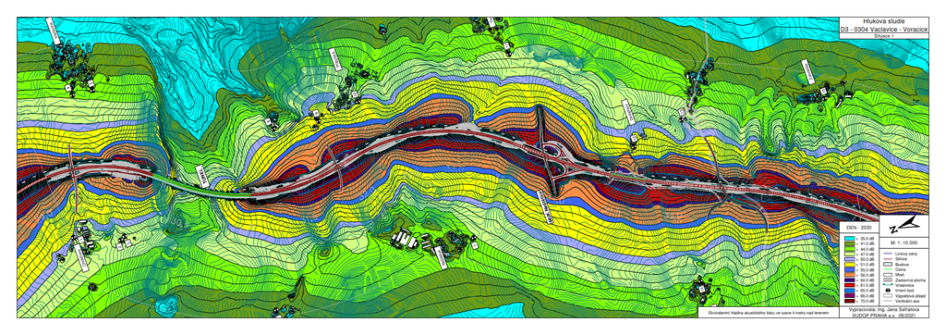 Hluková studie D3 - 0304 Václavice - Voračice, Situace 1. Mapa znázorňuje hlukové pásmo (DEN - 2030) v decibelech (od < 35.0 dB do 70.0 dB) podél plánované trasy dálnice. Obsahuje vrstevnice, tunel, mimoúrovňovou křižovatku (MÚK Neštětice) a okolní zástavbu. Měřítko 1:10 000. Vypracovala: Ing. Jana Šafratová, SUDOP PRAHA a.s., 06/2021. Poznámka: Ekvivalentní hladiny akustického tlaku ve výšce 4 metry nad terénem.