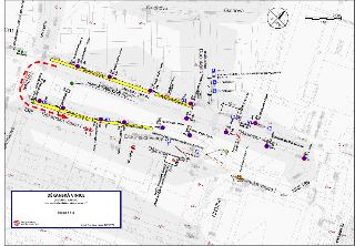 Situační nákres dopravního značení během výluky metra 'C' v lokalitě Děkanská vinice (Pražského povstání), etapa 2 + 3. Mapa zobrazuje dočasné dopravní značení…