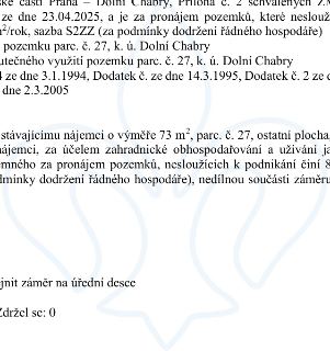 Zápis z úřední desky týkající se Městské části Praha - Dolní Chabry, příloha č. 2 schválených ZM ze dne 23.04.2025. Obsahuje informace o pronájmu pozemků, kter…