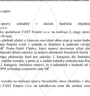 Úřední text týkající se zadání zakázky na opravu schodiště v ulicích Spořická a Dvorní. Text uvádí: 'opravy schodiště v ulicích Spořická objednané u FAST Empir…