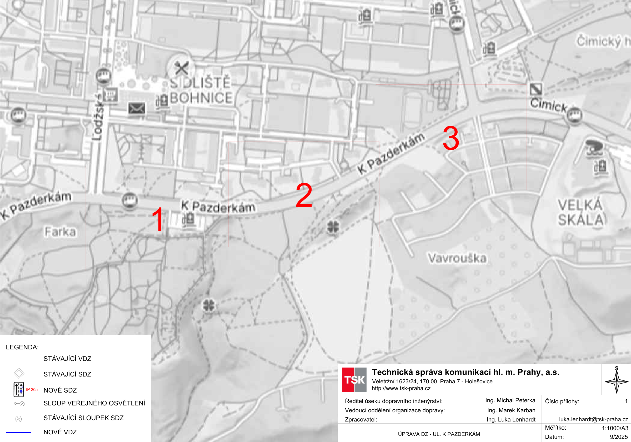 Situační nákres úpravy dopravního značení (DZ) na ulici K Pazderkám v Praze-Bohnicích. Mapa obsahuje tři vyznačené oblasti (1, 2, 3) s plánovanými změnami. Legenda: stávající VDZ (vodorovné dopravní značení), stávající SDZ (svislé dopravní značení), nové SDZ, sloup veřejného osvětlení, stávající sloupek SDZ, nové VDZ. Informace o dokumentu: Technická správa komunikací hl. m. Prahy, a.s., Veletržní 1623/24, 170 00 Praha 7 - Holešovice, http://www.tsk-praha.cz. Ředitel úseku dopravního inženýrství: Ing. Michal Peterka, Vedoucí oddělení organizace dopravy: Ing. Marek Karban, Zpracovatel: Ing. Luka Lenhardt (luka.lenhardt@tsk-praha.cz). Číslo přílohy: 1, Měřítko: 1:1000/A3, Datum: 9/2025, Název: Úprava DZ - ul. K Pazderkám.