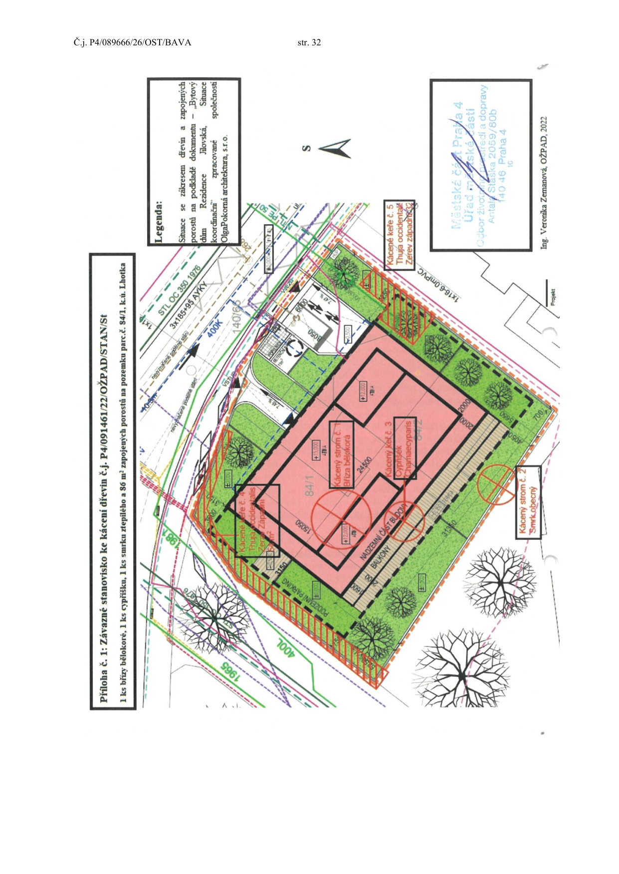 Situační nákres stavby s vyznačením kácení dřevin na pozemku parc. č. 84/1 v k.ú. Lhotka.