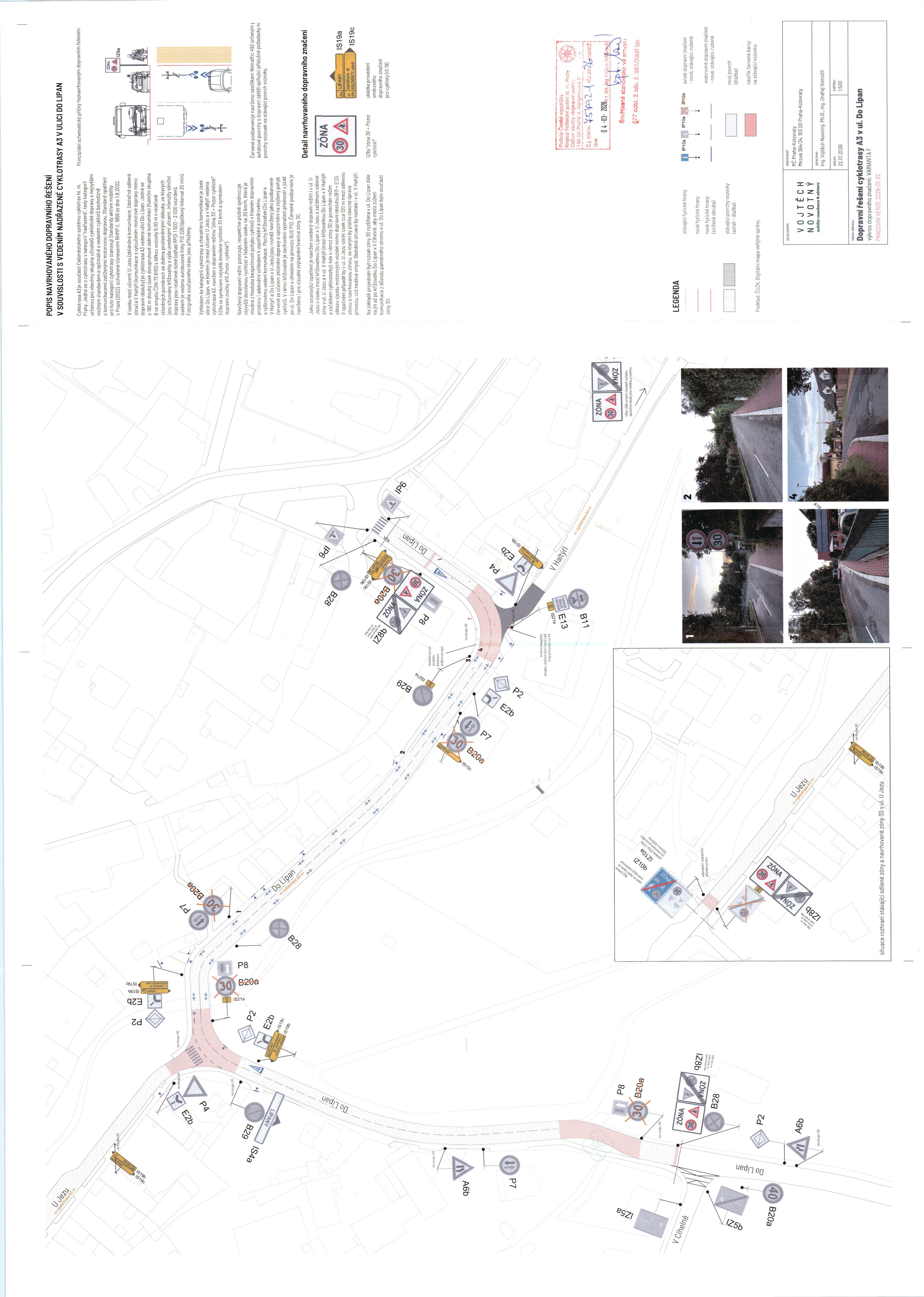 Dopravní řešení cyklotrasy A3 v ul. Do Lipan s vyznačeným dopravním značením.