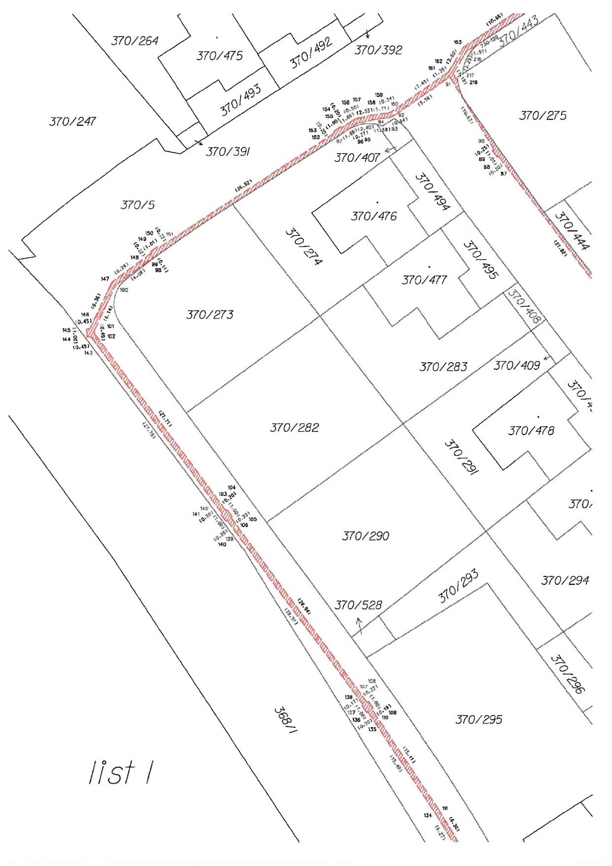 Katastrální mapa zobrazující parcely v dané lokalitě. Čísla parcel: 370/264, 370/475, 370/492, 370/392, 370/443, 370/247, 370/493, 370/391, 370/5, 370/407, 370/476, 370/494, 370/274, 370/273, 370/477, 370/495, 370/408, 370/444, 370/283, 370/409, 370/478, 370/4, 370/282, 370/291, 370/290, 370/528, 370/293, 370/294, 370/296, 370/295, 368/1. Mapa obsahuje technické údaje o délkách hranic (např. 126.52, 27.71, 28.94, 115.40) a identifikační body (čísla u lomových bodů hranic). V levém dolním rohu je text 'list 1'.
