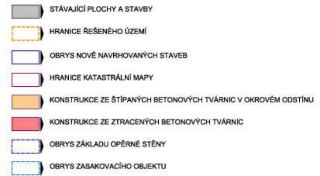 Legenda plánu stavby: STÁVAJÍCÍ PLOCHY A STAVBY (šedá), HRANICE ŘEŠENÉHO ÚZEMÍ (oranžová čárkovaná), OBRYS NOVĚ NAVRHOVANÝCH STAVEB (modrá), HRANICE KATASTRÁLN…