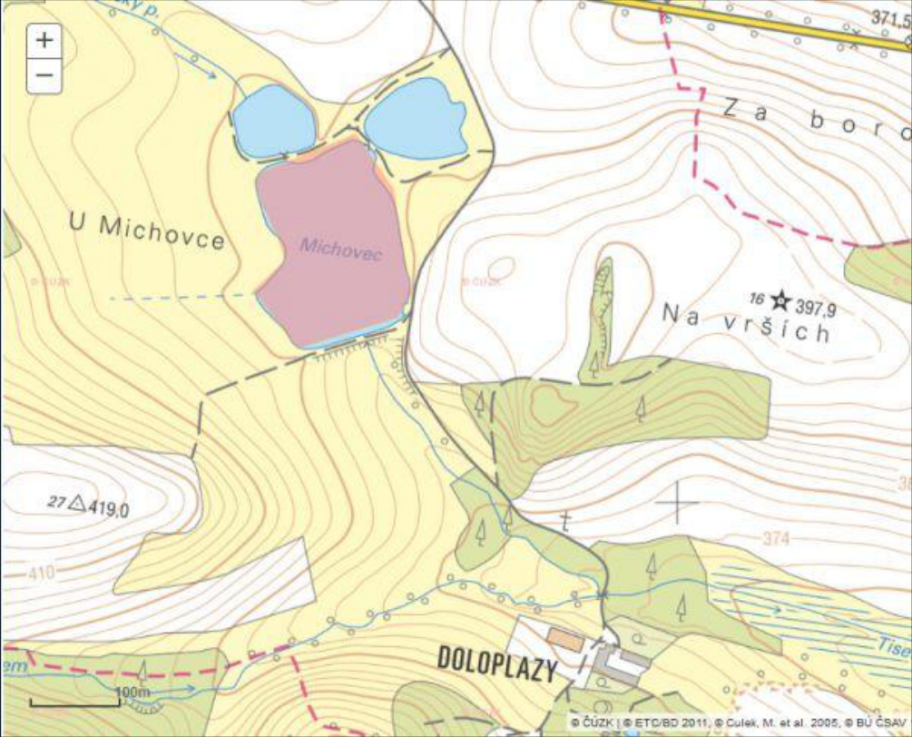 Topografická mapa oblasti u obce Doloplazy. Zobrazené lokality: 'U Michovce', vodní nádrž 'Michovec', vrch 'Na vrších' (nadmořská výška 397,9 m, bod 16), kóta 419,0 (bod 27), obec 'Doloplazy'. Mapa obsahuje vrstevnice, vodní toky, lesní porosty a měřítko 100 m. Zdroj: ČÚZK | ETC/BD 2011, © Culek, M. et al. 2005, © BÚ ČSAV.