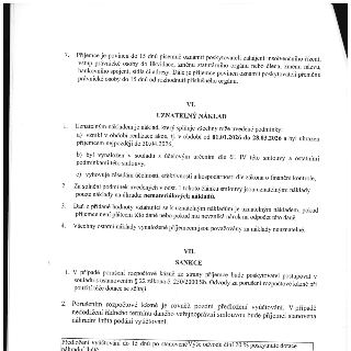 Textová část smlouvy (bod 7 a články VI a VII). Obsah: 7. Povinnost příjemce oznámit do 15 dnů změny (insolvence, likvidace, statutární orgán, název, adresa, b…