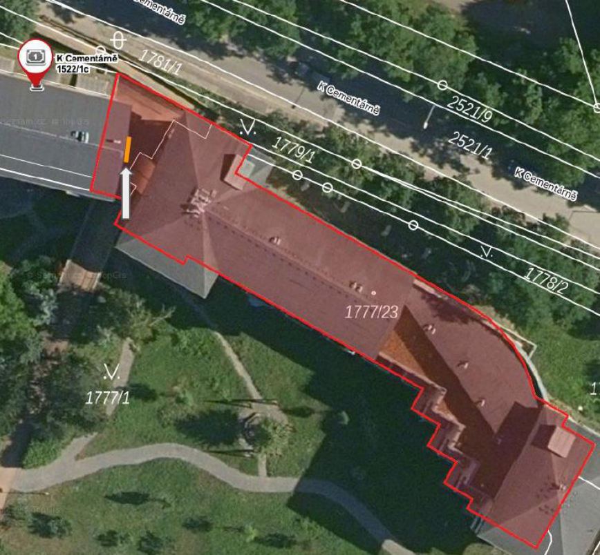 Ortofoto mapa s vyznačenou parcelou č. 1777/23 a okolními pozemky.