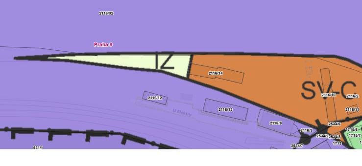 Výřez katastrální mapy v oblasti Praha 9, ulice U Elektry. Zobrazené parcely: 2116/32, 2116/14, 2116/12, 2116/13, 2116/8, 2116/9, 2116/10, 2116/2, 2116/11, 2534/6, 2534/2, 2534/8, 2534/7, 1715/6, 1715/7, 1713, 531/1. V mapě jsou vyznačeny funkční plochy označené jako 'IZ' (světle žlutá) a 'SV-C' (oranžová).