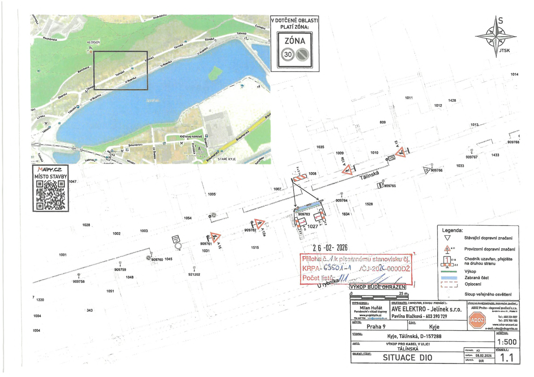 Situační nákres dopravního značení a výkopových prací v ulici Tálínská.