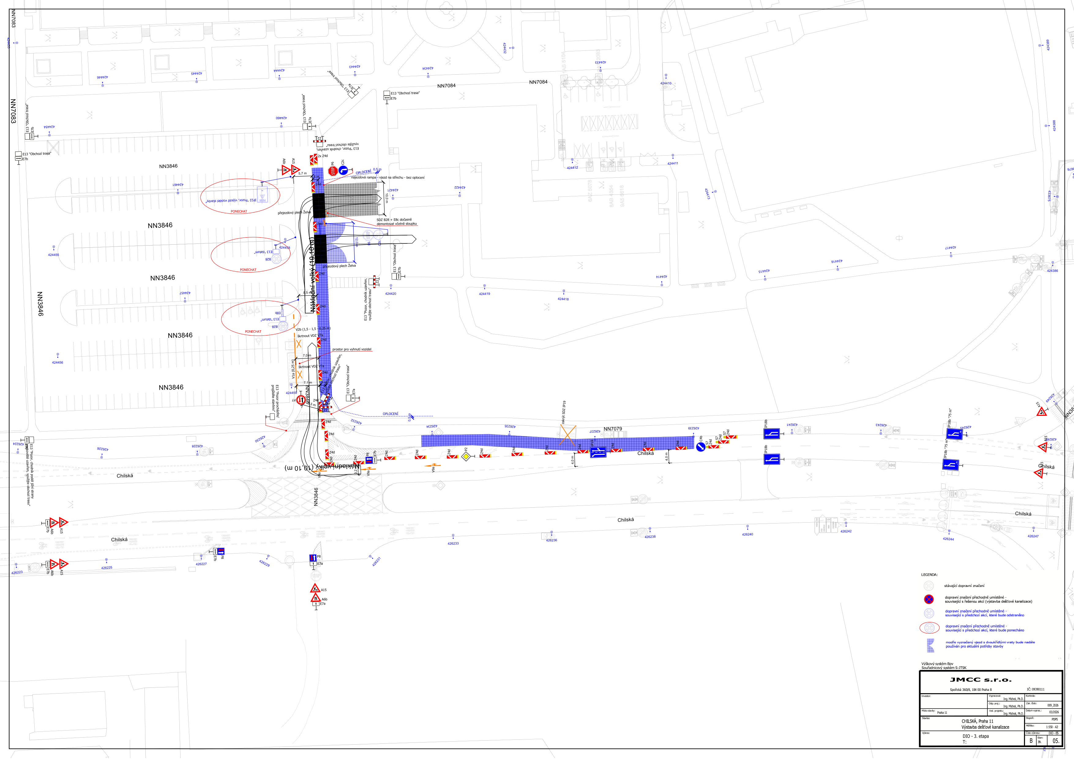Projektová dokumentace dopravního značení (DIO - 3. etapa) pro výstavbu dešťové kanalizace v ulici Chilská, Praha 11. Dokument obsahuje situační nákres uzavírky a dopravního omezení, včetně vyznačení parkovacích ploch (NN3846), dotčených parcel (NN7084, NN7079) a technických prvků (rampy, oplocení). Zhotovitel: JMCC s.r.o. Legenda obsahuje značení pro stávající dopravní značení, přechodné značení a značení pro účely stavby.