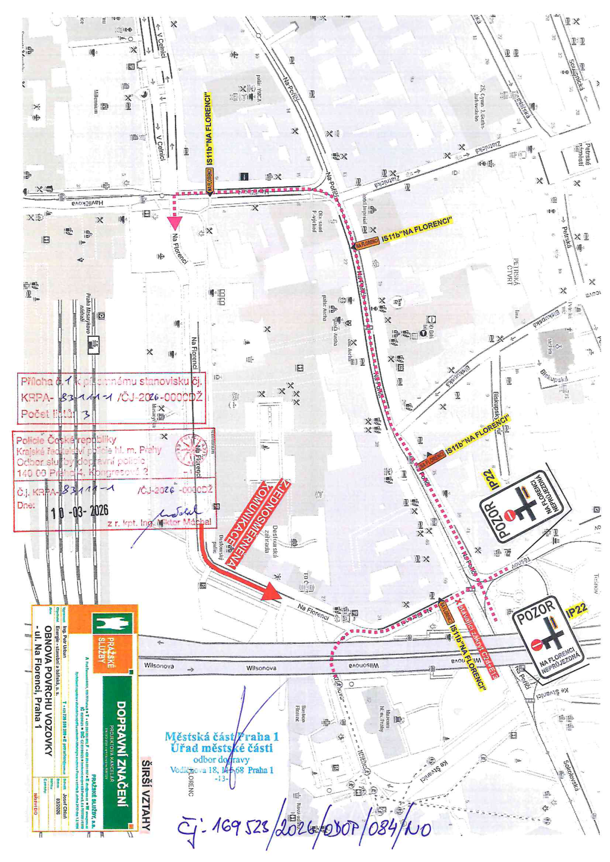 Dopravní plán pro ulici Na Florenci v Praze znázorňující uzavírky a objízdné trasy.