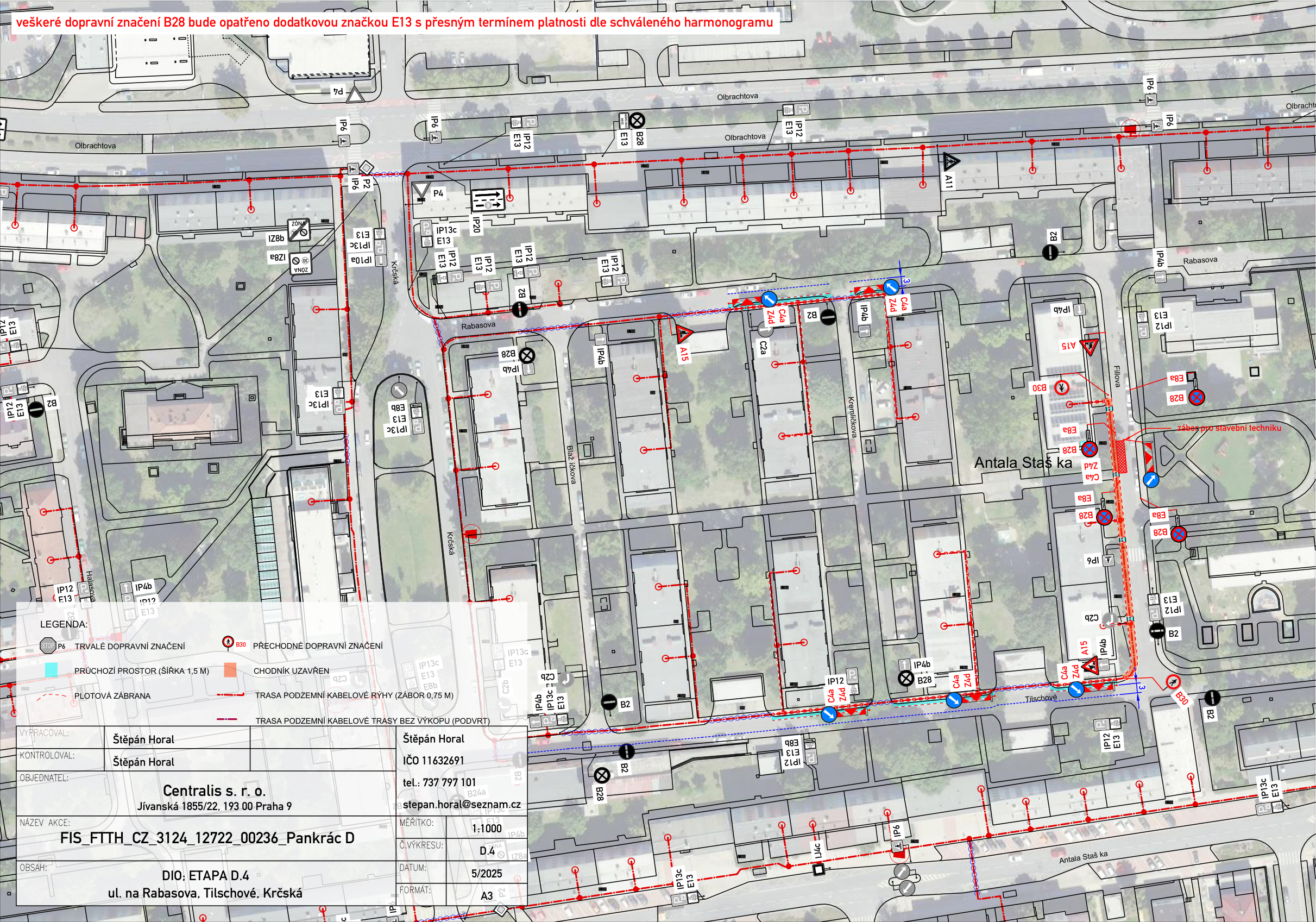 Situační nákres dopravního značení a trasy kabelového vedení pro projekt výstavby sítě FTTH v lokalitě Pankrác.