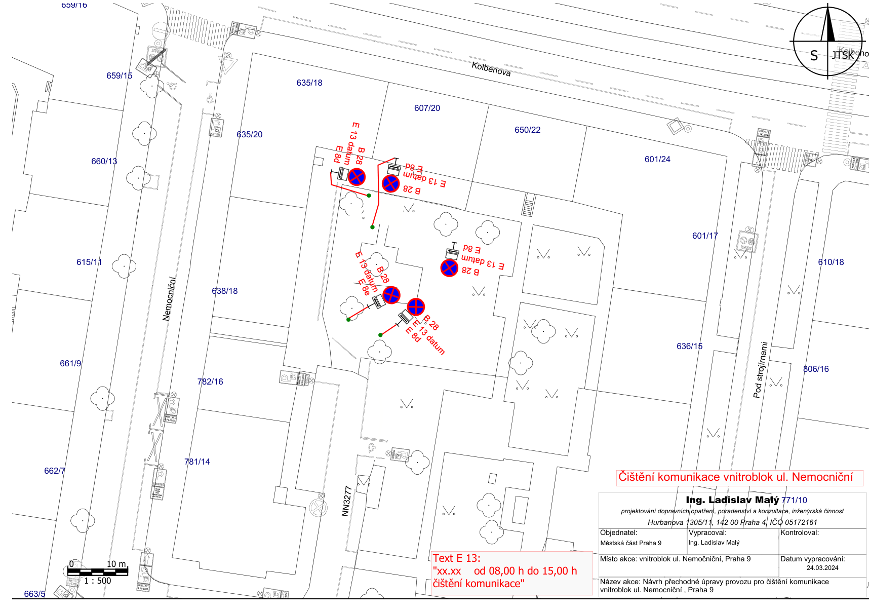 Dopravně-inženýrský situační nákres dočasného dopravního značení pro čištění vnitrobloku v ulici Nemocniční.