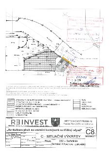 Situační výkres projektu 'Revitalizace ploch na umístění kontejnerů na tříděný odpad', Městská část Praha 12, Generála Šišky 2375/6, Praha 4. Zpracovatel REINV…