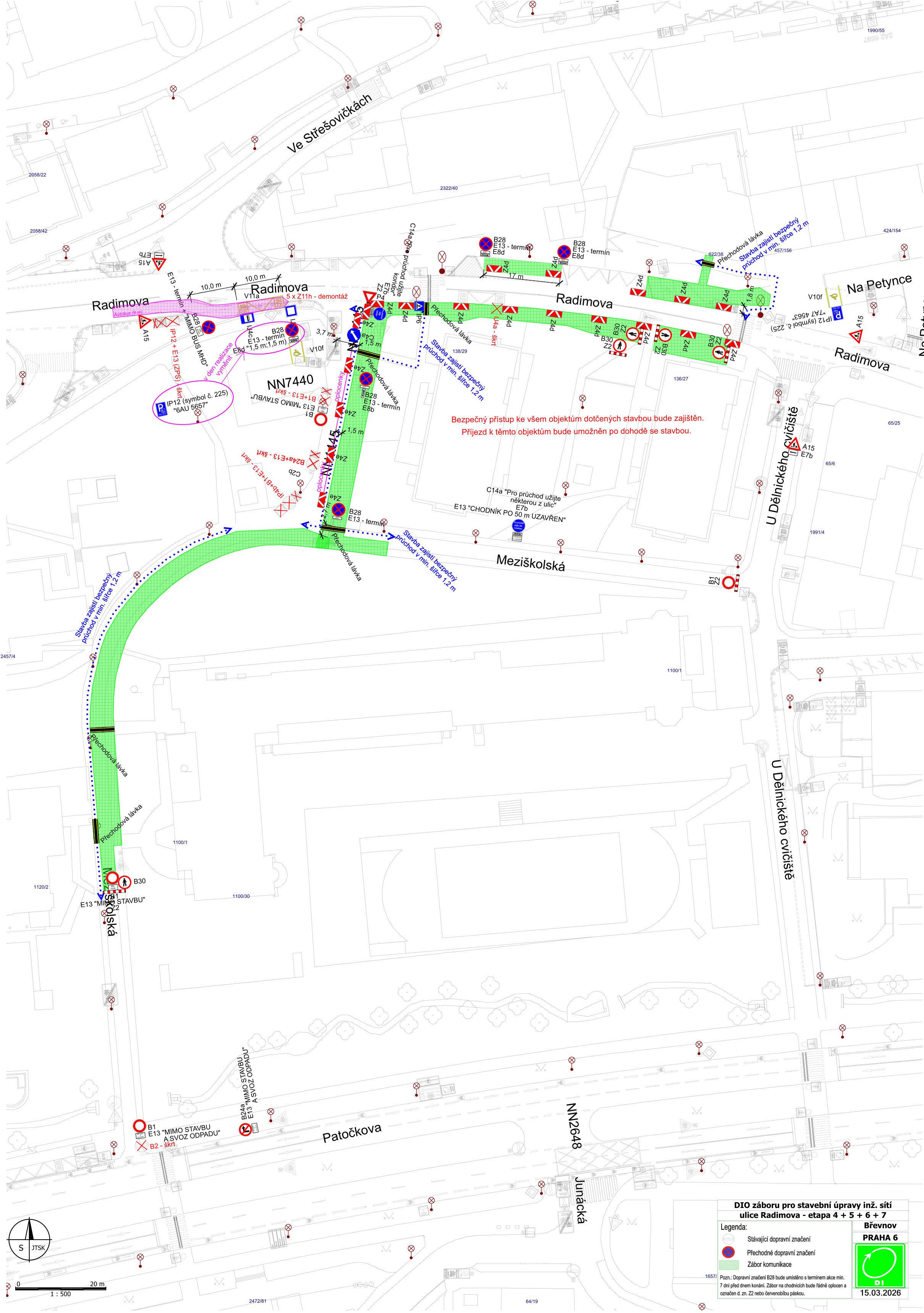 Plán dopravního značení (DIO) pro stavební úpravy inženýrských sítí v ulici Radimova, etapa 4 + 5 + 6 + 7, Břevnov, Praha 6. Datum: 15.03.2026. Mapa zobrazuje uzavírky a přechodné dopravní značení v ulicích Radimova, Meziškolská a v okolí ulice Patočkova. Obsahuje legendu: stávající dopravní značení, přechodné dopravní značení, zábor komunikace. Poznámka: Dopravní značení B28 bude umístěno s termínem akce min. 7 dní před dnem konání. Zábor na chodnících bude řádně oplocen a označen dopravními značkami Z2 nebo červenobílou páskou. V mapě jsou vyznačeny trasy pro pěší (přechodové lávky) s minimální šířkou 1,2 m.