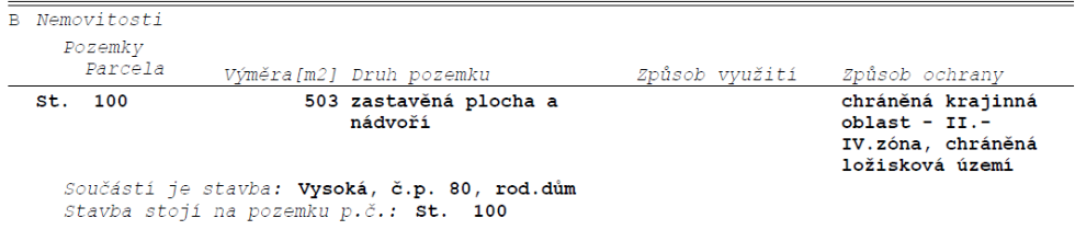 Výpis z katastru nemovitostí, část B: Nemovitosti. Pozemek: parcela St. 100, výměra 503 m2, druh pozemku: zastavěná plocha a nádvoří. Způsob ochrany: chráněná krajinná oblast - II.-IV. zóna, chráněná ložisková území. Součástí je stavba: Vysoká, č.p. 80, rod. dům. Stavba stojí na pozemku p.č.: St. 100.