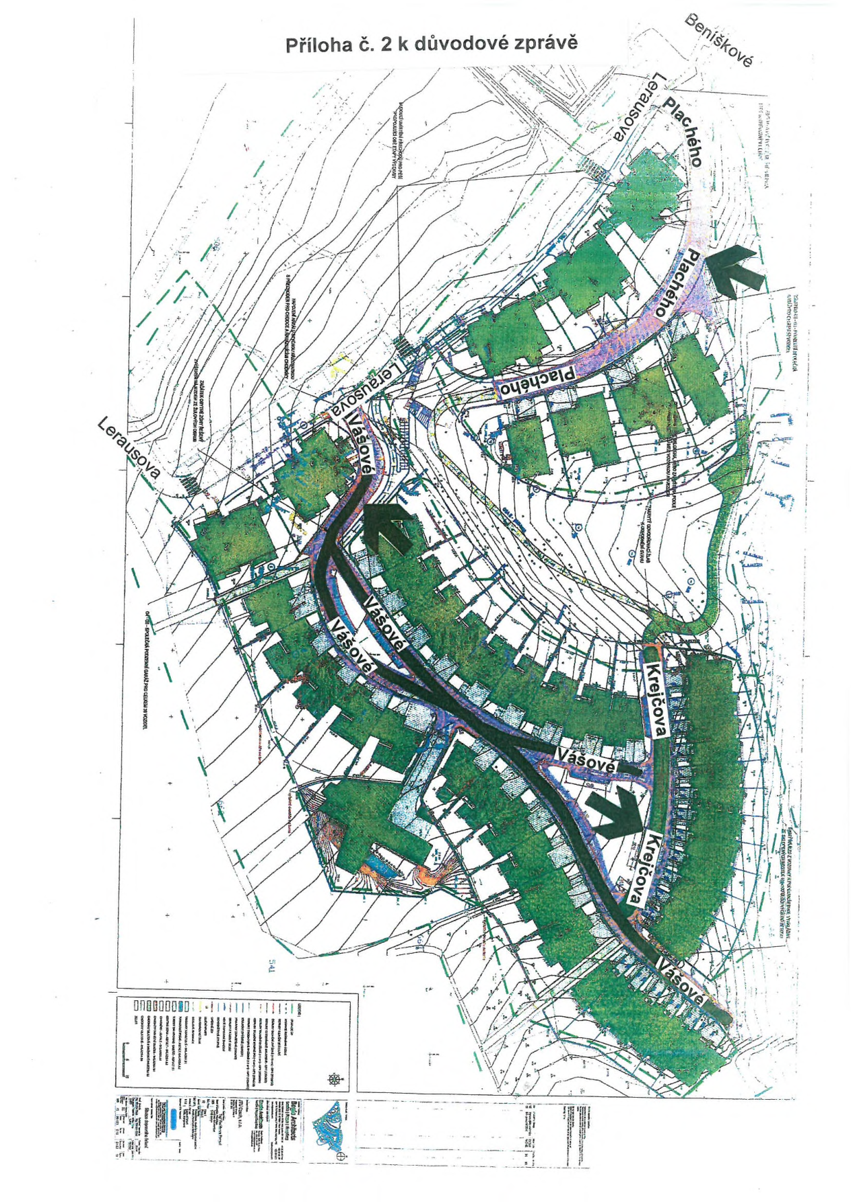 Situační plán výstavby (příloha č. 2 k důvodové zprávě). Mapa zobrazuje uliční síť a rozmístění budov v lokalitě. Čitelné názvy ulic: Plachého, Lerausova, Vásové, Krejčova, Beníškové. V dolní části se nachází legenda a technické informace o projektu.