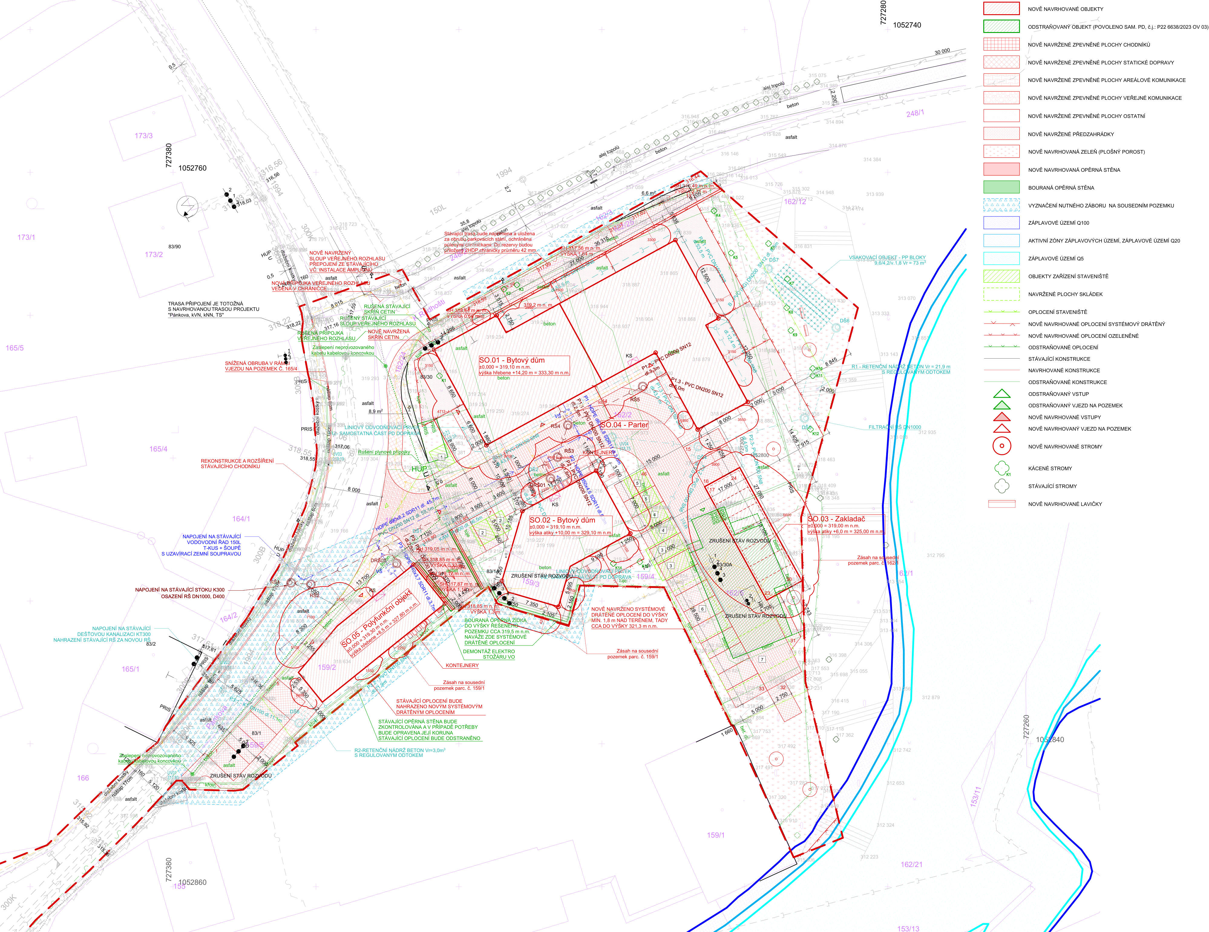Koordinační situace stavby bytových domů a související infrastruktury.