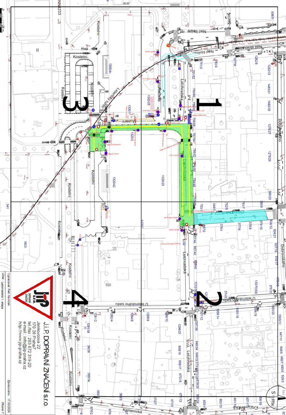 Koordinační výkres dopravního značení v ulici Letohradská, Praha 7.