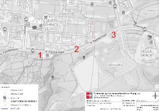 Situační nákres úpravy dopravního značení (DZ) na ulici K Pazderkám v Praze-Bohnicích. Mapa obsahuje tři vyznačené úseky (1, 2, 3). Legenda: stávající VDZ (vod…