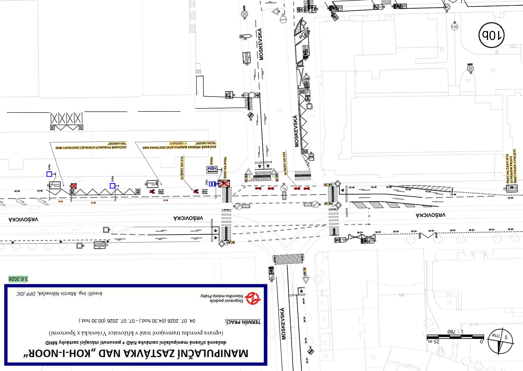 Situační plán dopravního opatření: MANIPULAČNÍ ZASTÁVKA NAD „KOH-I-NOOR“, dočasně zřízená manipulační zastávka NAD + posunutí stávající zastávky MHD (oprava povrchu tramvajové tratě v křižovatce Vršovická x Sportovní). Termín prací: 04. 07. 2026 (04:30 hod.) – 07. 07. 2026 (00:30 hod.). Zpracovatel: Dopravní podnik hlavního města Prahy, kreslil: Ing. Martin Němeček, DPP JDC. Datum dokumentu: 3.6.2026. Plán obsahuje zákresy ulic Vršovická a Moskevská, vyznačení dočasné manipulační zastávky „KOH-I-NOOR“, posunutí stávající zastávky, dopravní značení (IP20a, IJ4a, V20) a pokyny pro provoz (např. „ŠKRT POUZE CYKLISTI“).