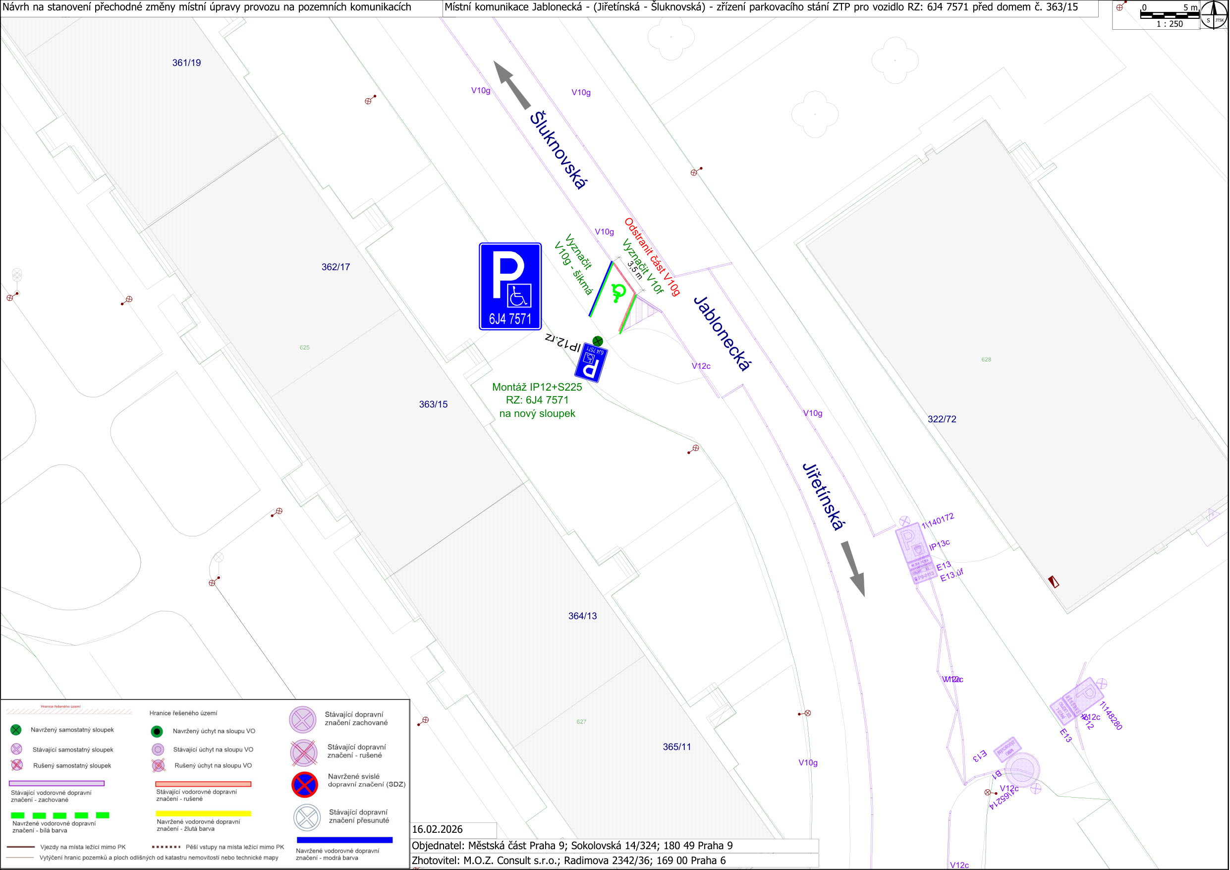Dopravně inženýrské schéma pro zřízení parkovacího místa pro vozidlo ZTP u domu č. 363/15 na křižovatce ulic Šluknovská a Jablonecká.