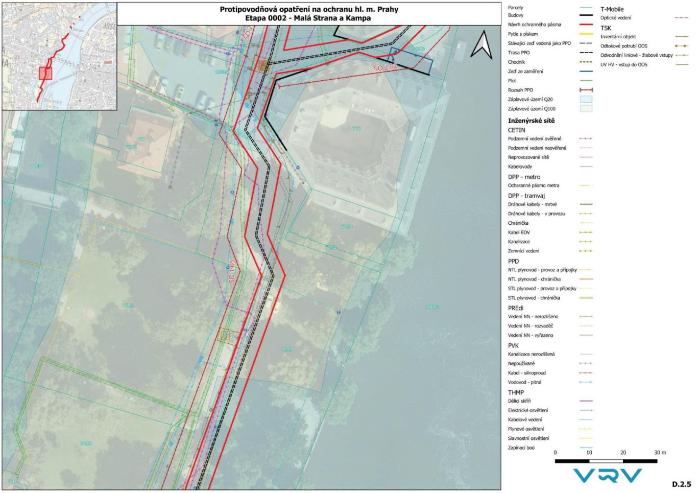 Situační plán protipovodňových opatření v lokalitě Malá Strana a Kampa s vyznačením inženýrských sítí.