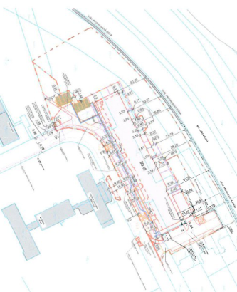 Koordinační situační výkres stavby se zákresem objektů a inženýrských sítí.