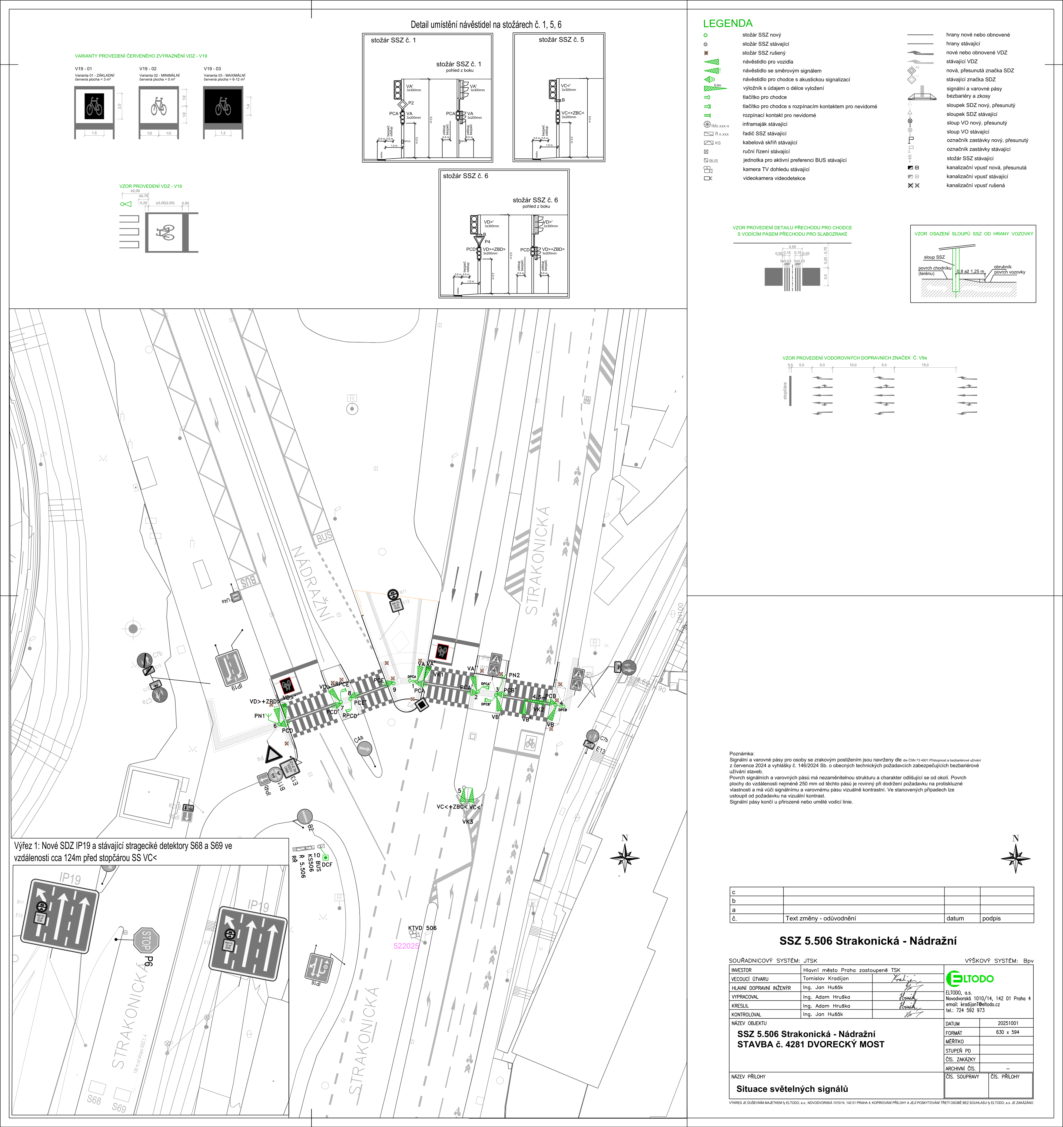 Situační nákres světelné signalizace a dopravního značení v křižovatce ulic Strakonická a Nádražní.