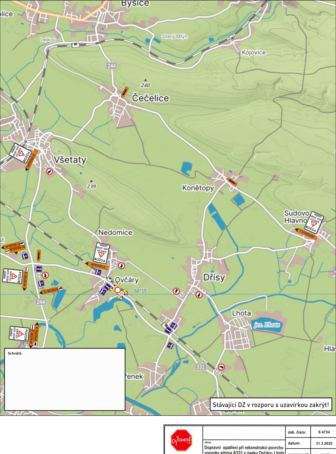 Situační nákres dopravního značení a uzavírky silnice II/331 v úseku Ovčáry - Lhota.
