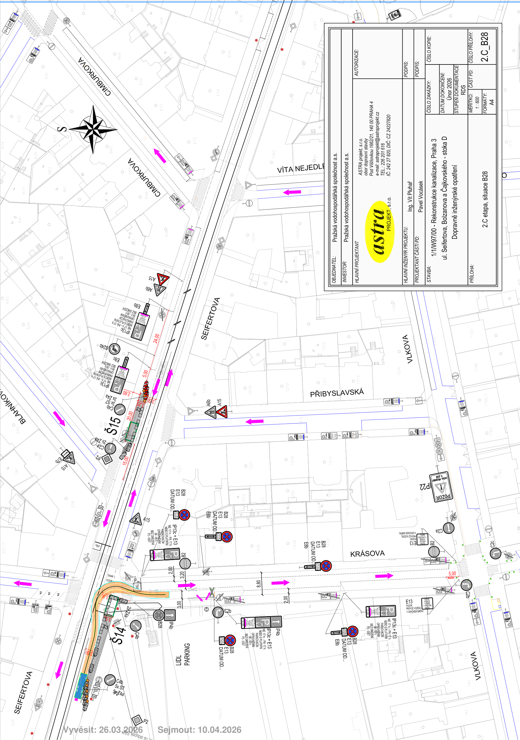 Koordinační situační nákres dopravního značení a rekonstrukce kanalizace v ulici Seifertova.
