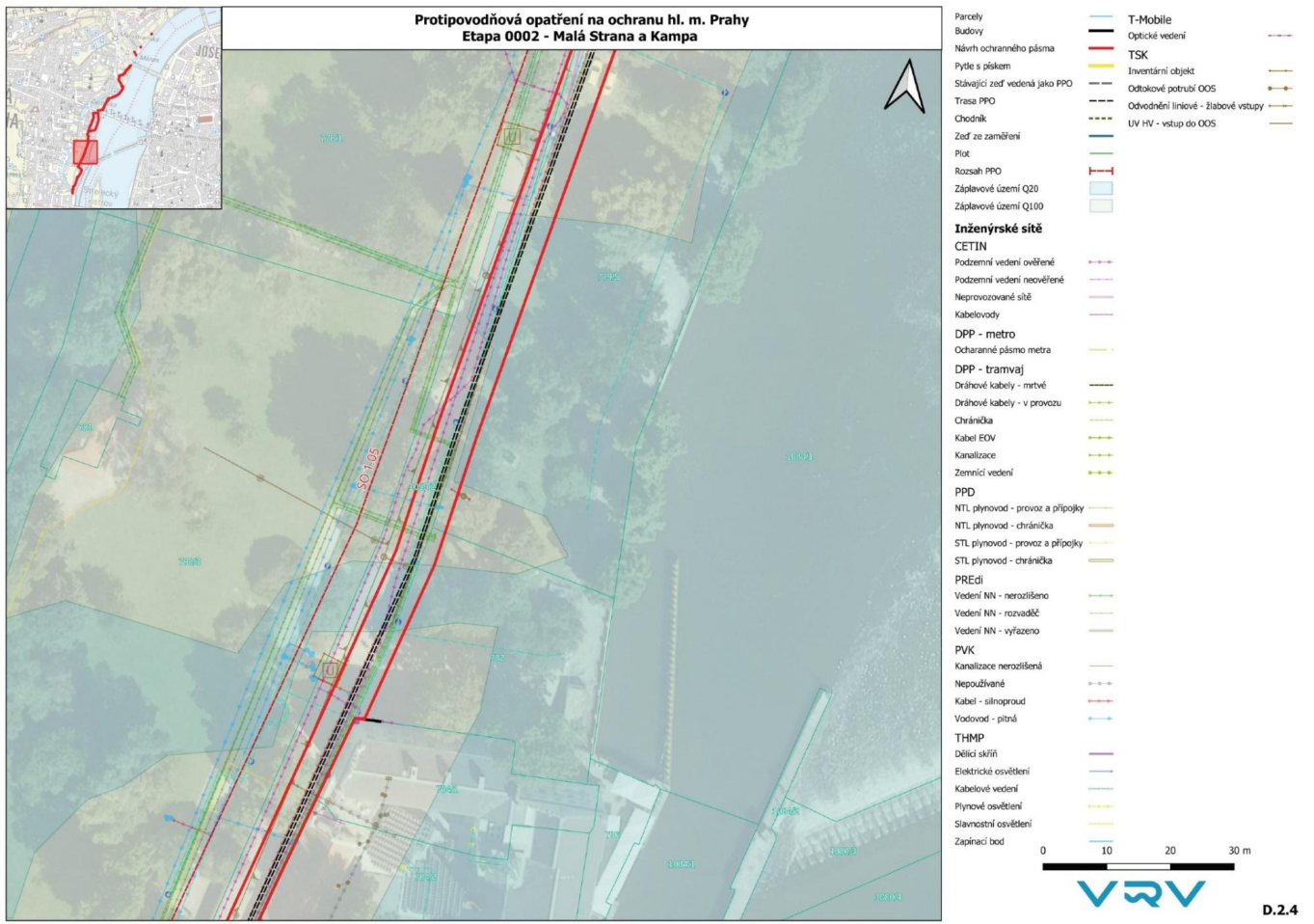 Situační plán protipovodňových opatření v lokalitě Malá Strana a Kampa s vyznačením inženýrských sítí a záplavových území.