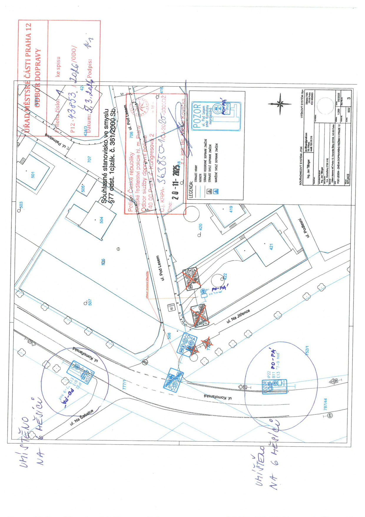 Situační výkres dopravního značení pro lokalitu ulic Pod Lesem a Komořanská.