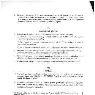 Textová část smlouvy (články VI a VII) definující pravidla pro uznatelnost nákladů a sankce. Uznatelné náklady: musí vzniknout v období 01.01.2026 až 25.04.202…
