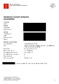 Oznámení o konání veřejného shromáždění od Magistrátu hl. m. Prahy. Svolavatel: osobní údaje začerněny. Typ shromáždění: Shromáždění bez průvodu. Účel: Vyjádře…
