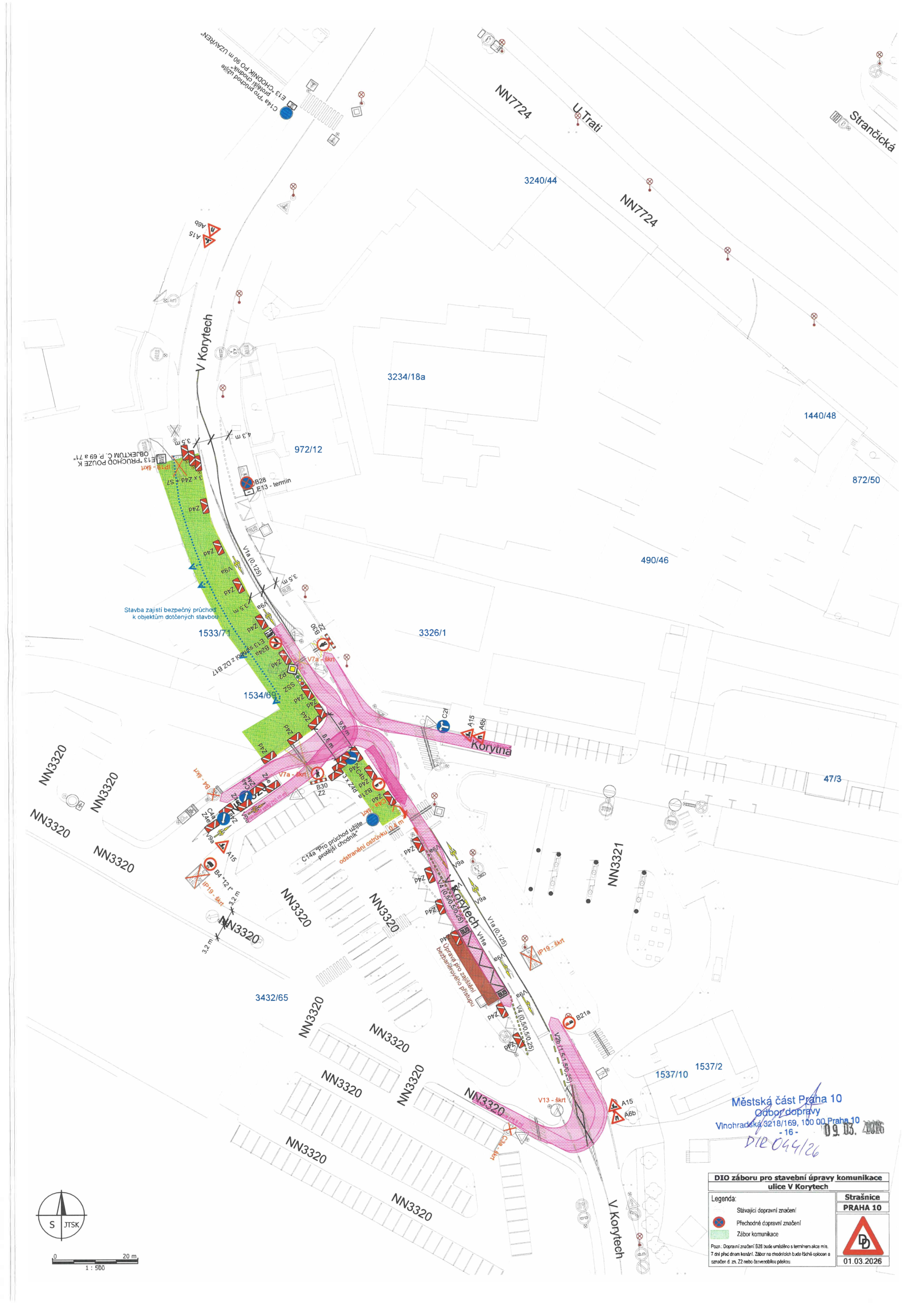 Dočasné dopravní značení (DIO) pro stavební úpravy komunikace v ulici V Korytech.