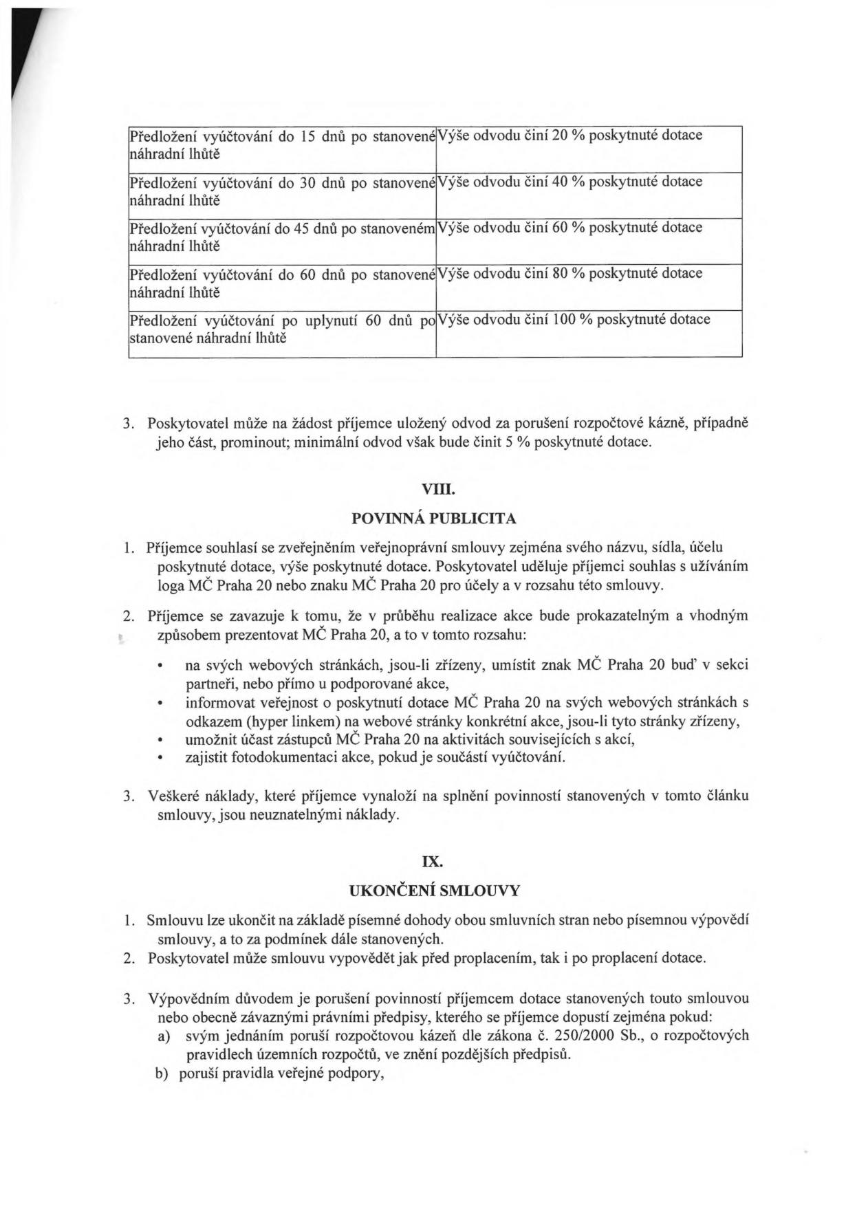 Tabulka sankcí za pozdní předložení vyúčtování dotace: předložení do 15 dnů = odvod 20 %, do 30 dnů = 40 %, do 45 dnů = 60 %, do 60 dnů = 80 %, po 60 dnech = 100 %. Bod 3: Poskytovatel může odvod za porušení rozpočtové kázně prominout, minimálně však 5 %. Článek VIII. Povinná publicita: Příjemce souhlasí se zveřejněním smlouvy, užíváním loga MČ Praha 20 a zavazuje se prezentovat MČ Praha 20 na webu, informovat o dotaci s odkazem, umožnit účast zástupců MČ Praha 20 na akcích a zajistit fotodokumentaci. Náklady na publicitu jsou neuznatelné. Článek IX. Ukončení smlouvy: Smlouvu lze ukončit dohodou nebo výpovědí. Poskytovatel může vypovědět smlouvu při porušení rozpočtové kázně dle zákona č. 250/2000 Sb. nebo pravidel veřejné podpory.