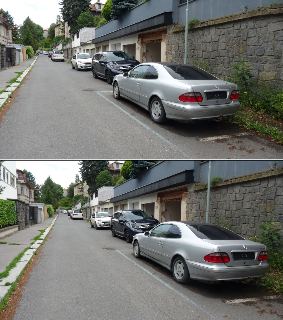 Fotografie ulice (dvě perspektivy horní a dolní), na kterých jsou zaparkována osobní auta, včetně stříbrného Mercedesu-Benz kupé v popředí, tmavého SUV Honda a…